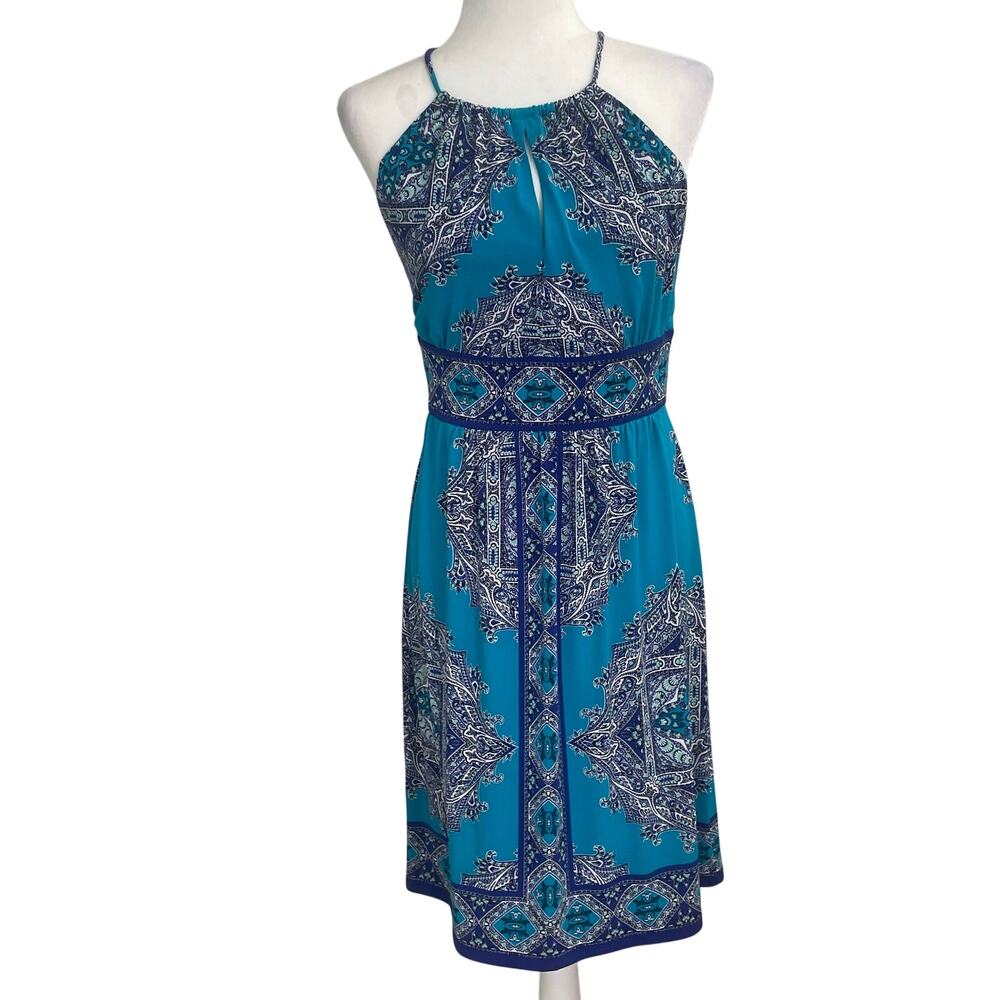 Dressbarn Aqua Blue A-line Midi Paisley Halter Dress Size 6 NWT Boho-Coastal